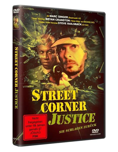 DVD-Cover für "Street Corner Justice", zeigt zwei Männer mit einer Waffe und einem dramatischen Hintergrund.