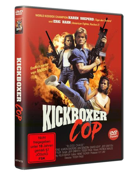 Ein DVD-Cover mit Leuten, die Waffen halten, und dem Titel 'Kickboxer Cop'.