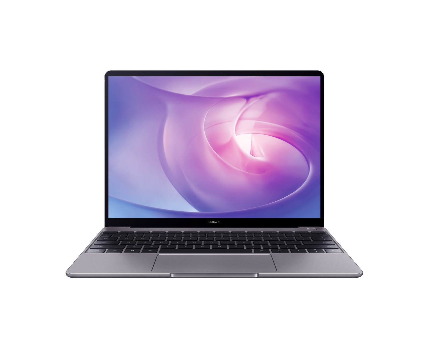 Un portátil plateado con una pantalla que muestra un fondo morado y blanco. Fondo blanco.