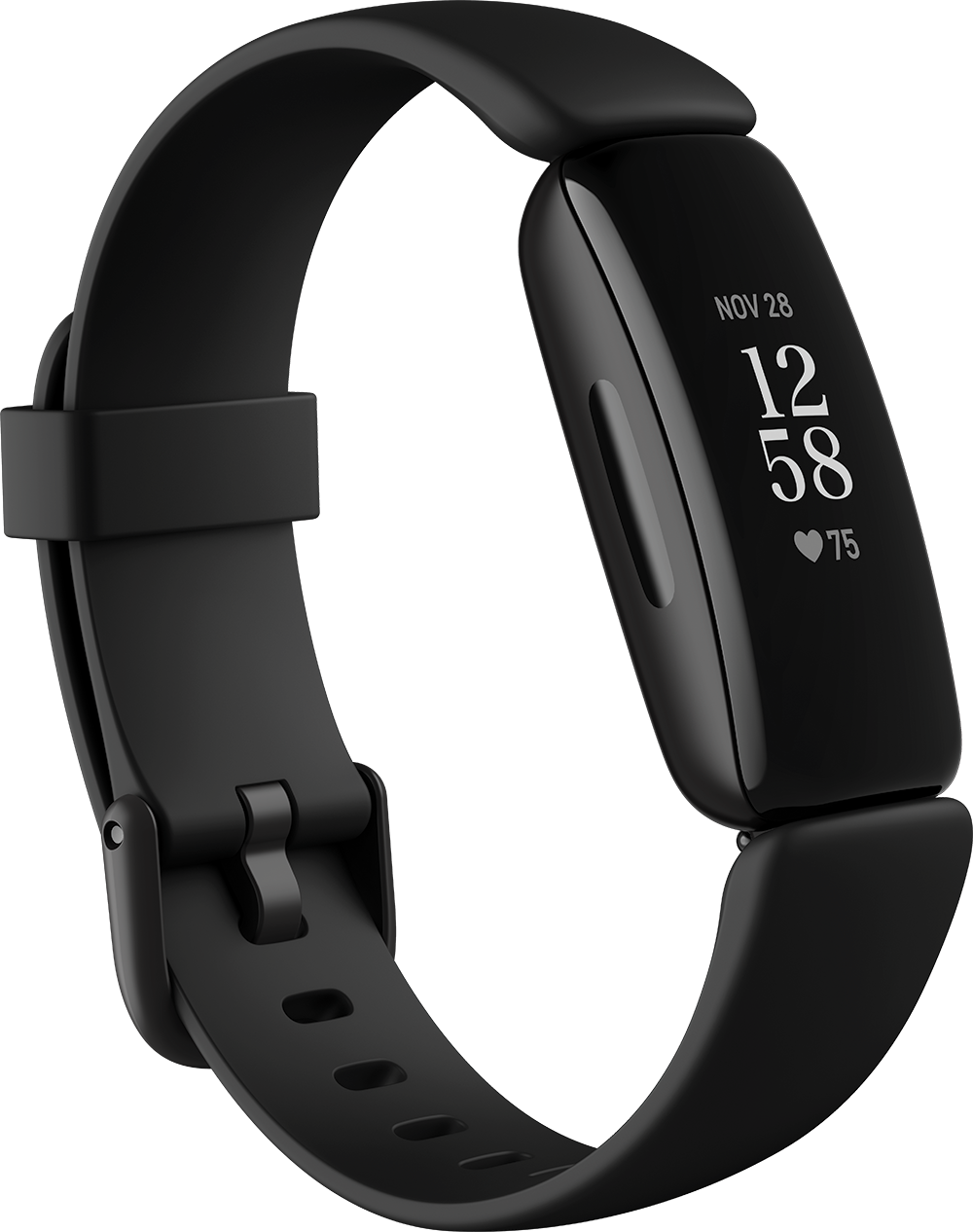 Zwarte fitnesstracker horloge. Toont tijd, hartslag en stappen op een zwart scherm.