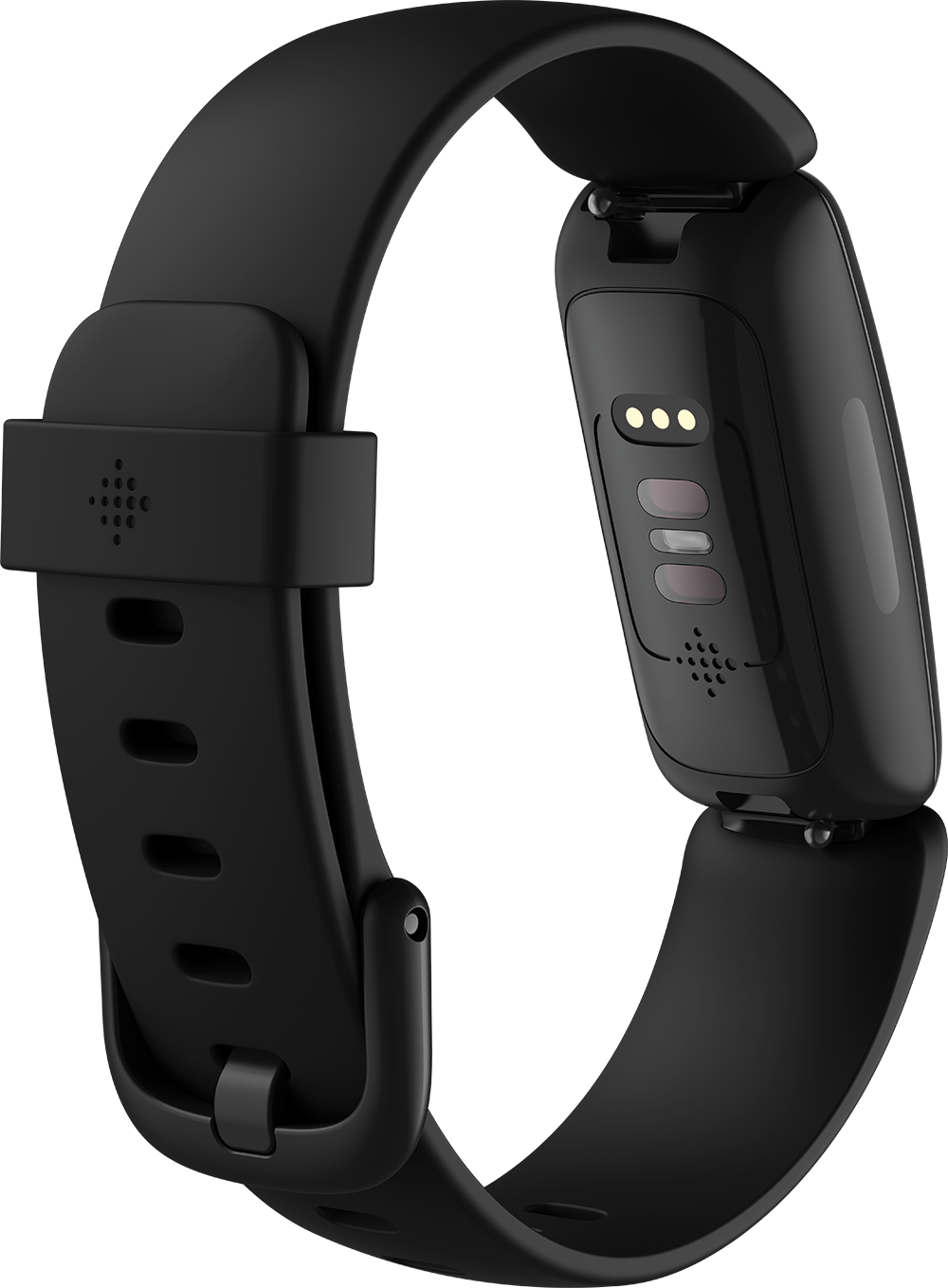 Zwarte fitnesstracker, met de achterkant met sensoren en een band.