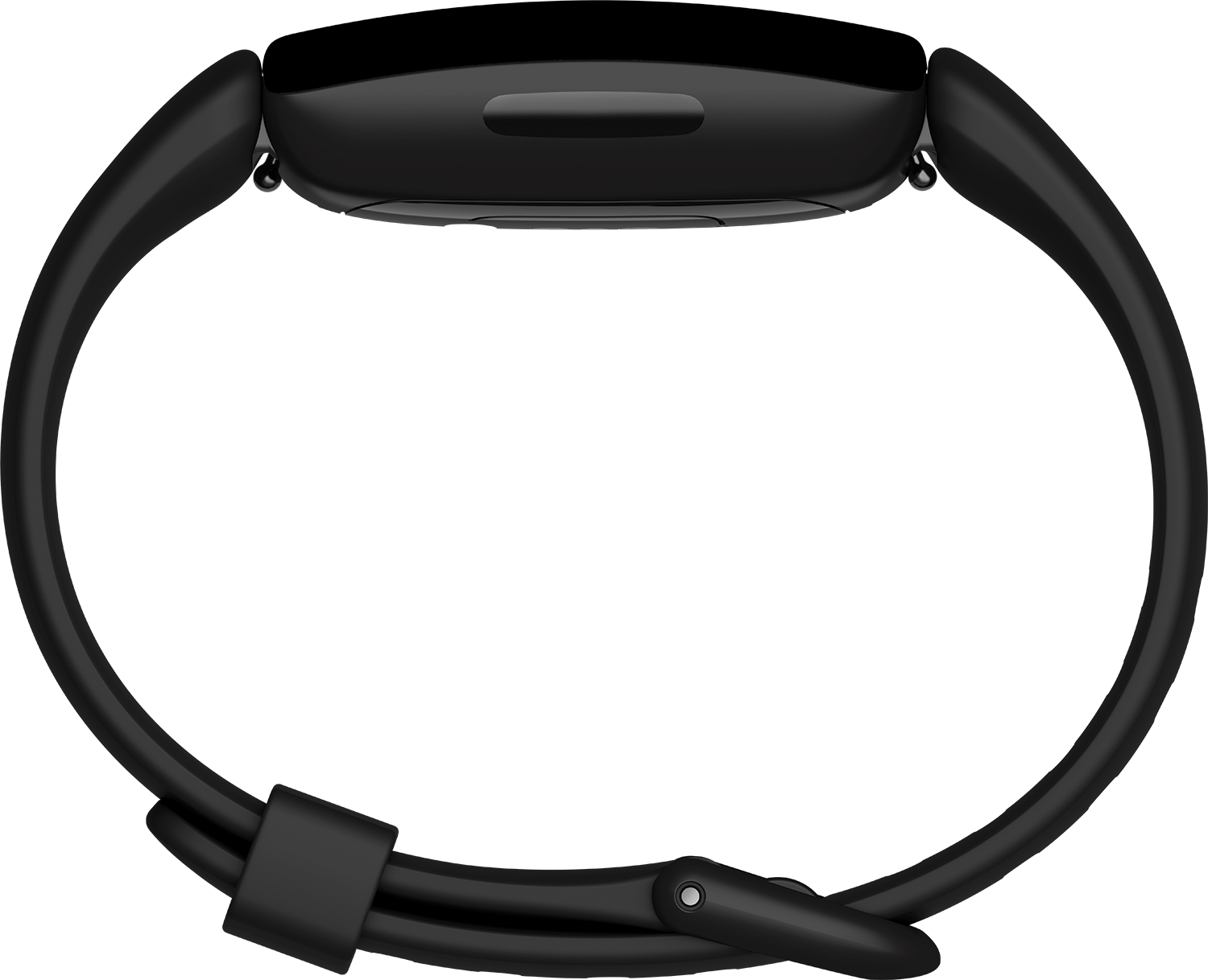 Een zwarte Fitbit Inspire 2 fitnesstracker horloge op een zwarte achtergrond. De band is gesloten.