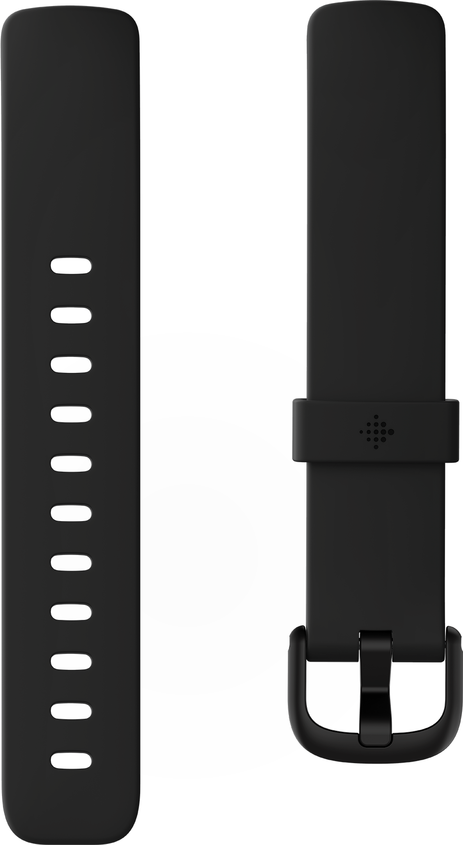 Zwarte Fitbit horlogebandjes, één met gaten en één met gesp.