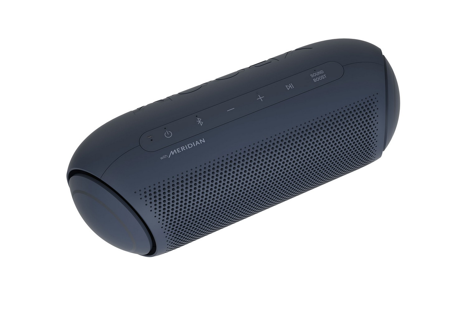 Un altavoz Bluetooth LG azul oscuro. Botones de encendido, volumen y reproducción/pausa visibles.