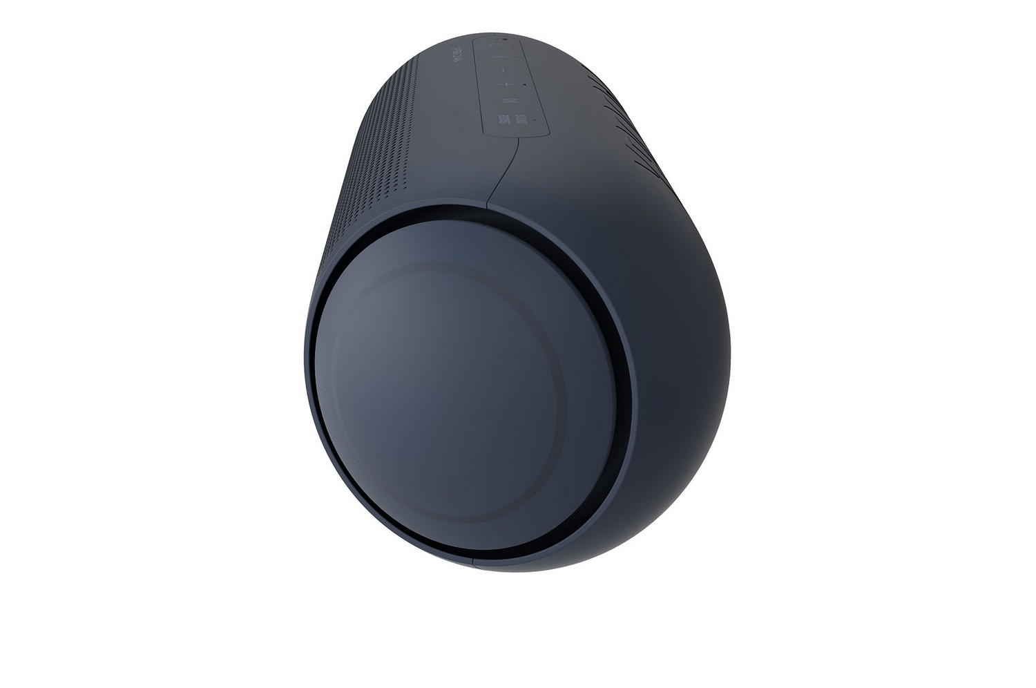 Un altavoz azul oscuro, de forma ovalada, con botones en la parte superior. El fondo es blanco.