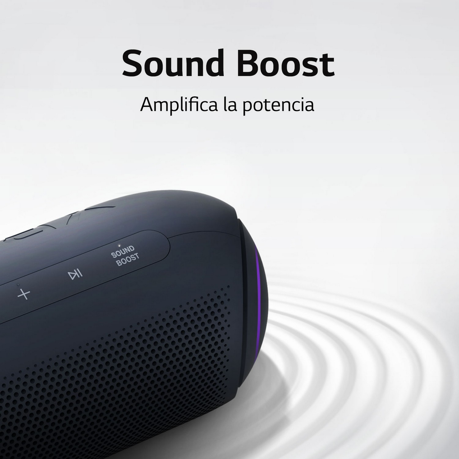 Un altavoz negro con una luz morada y ondas de sonido.