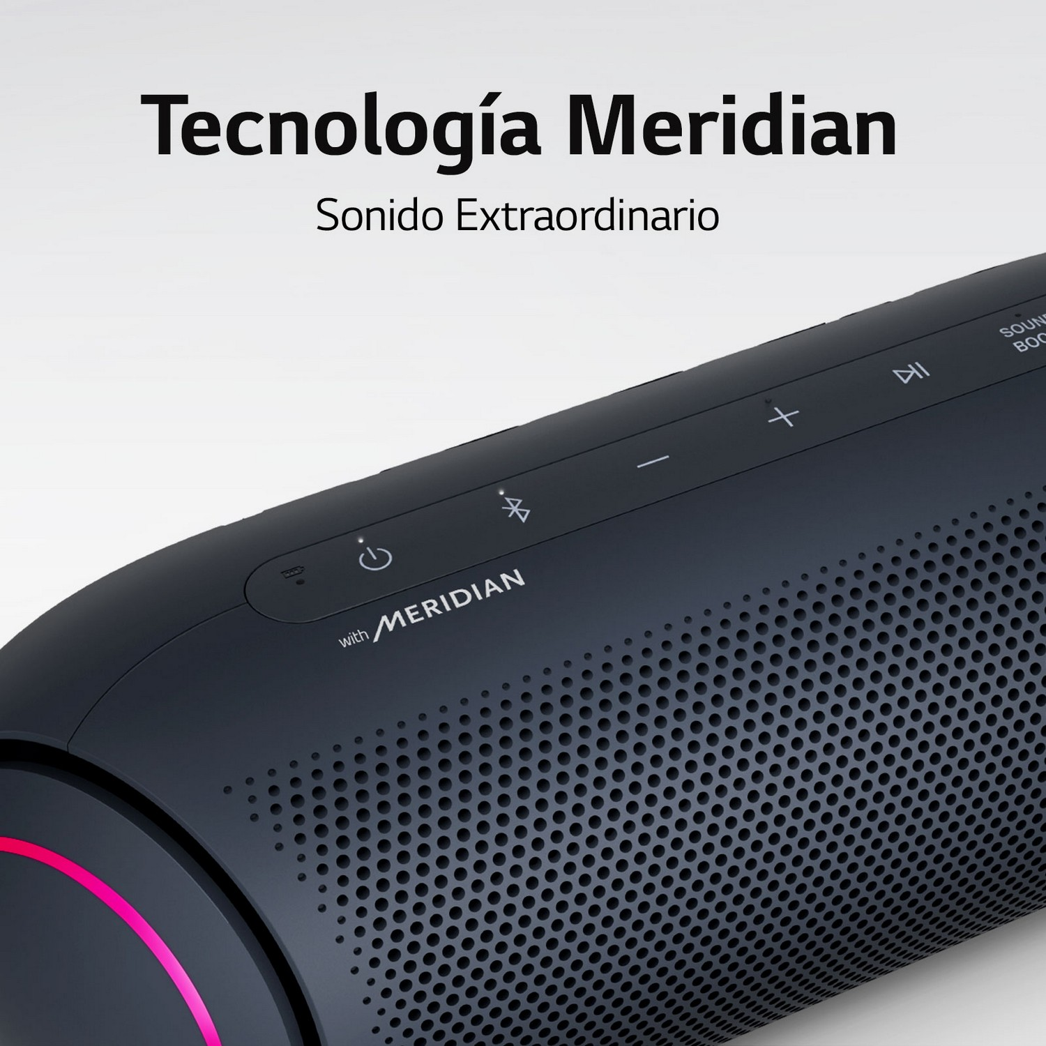 Un altavoz negro con botones y la palabra Meridian.