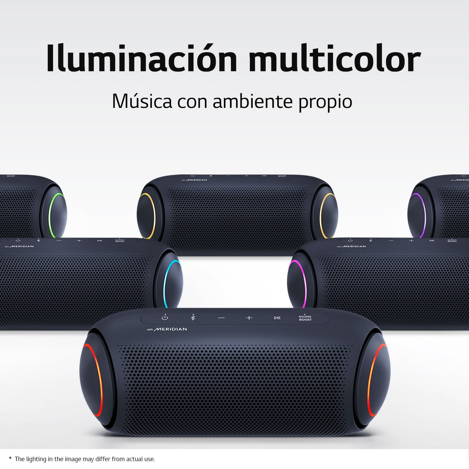 Altavoces negros con luces de colores, texto en español.