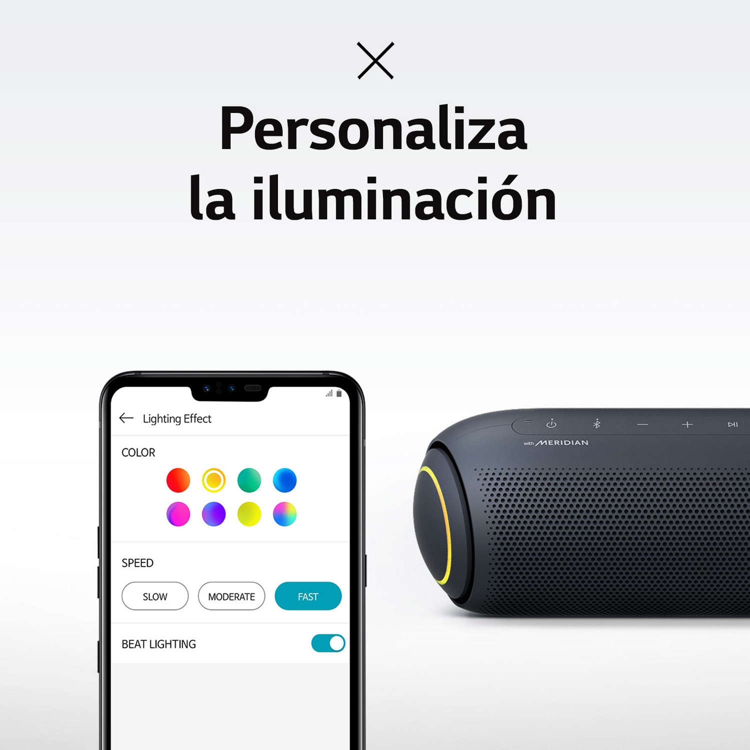 Pantalla de teléfono móvil mostrando opciones de color junto a un altavoz negro.