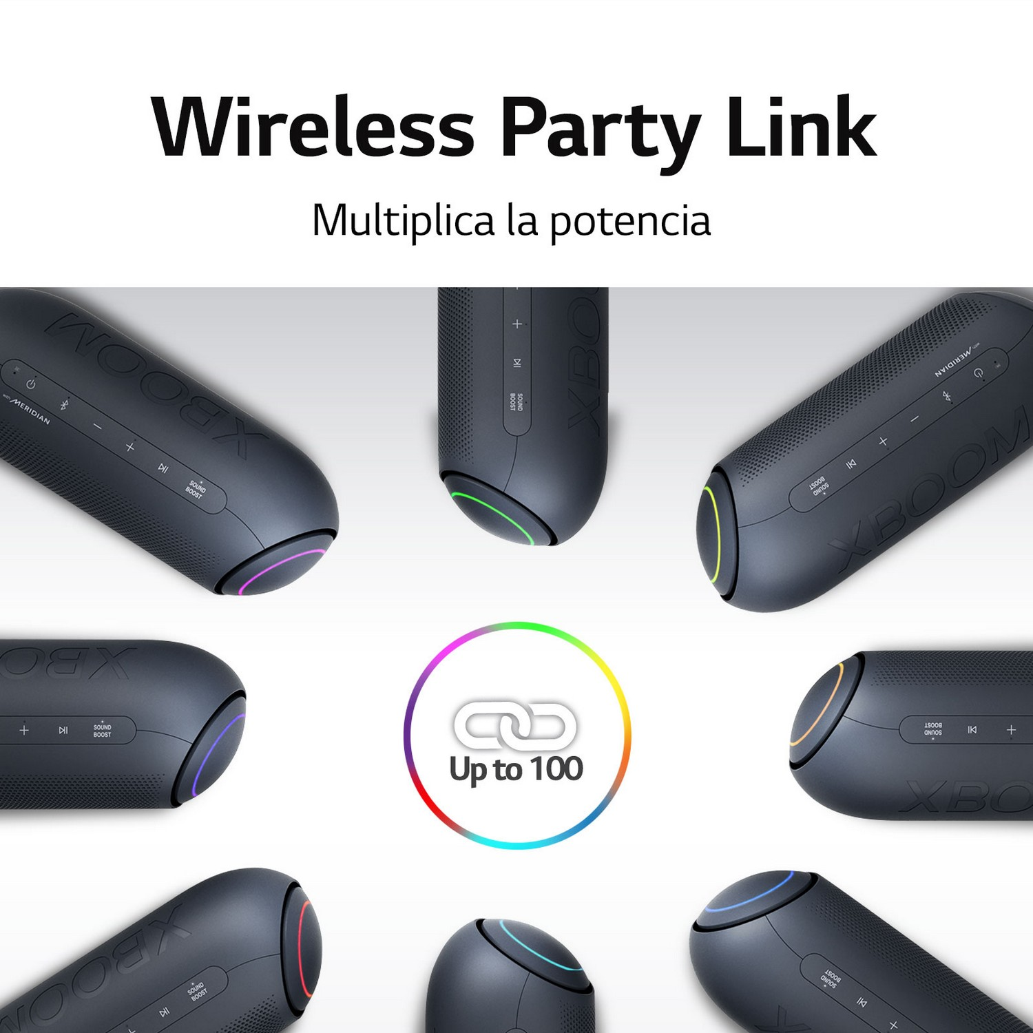 Un grupo de siete altavoces gris oscuro con luces de colores.
