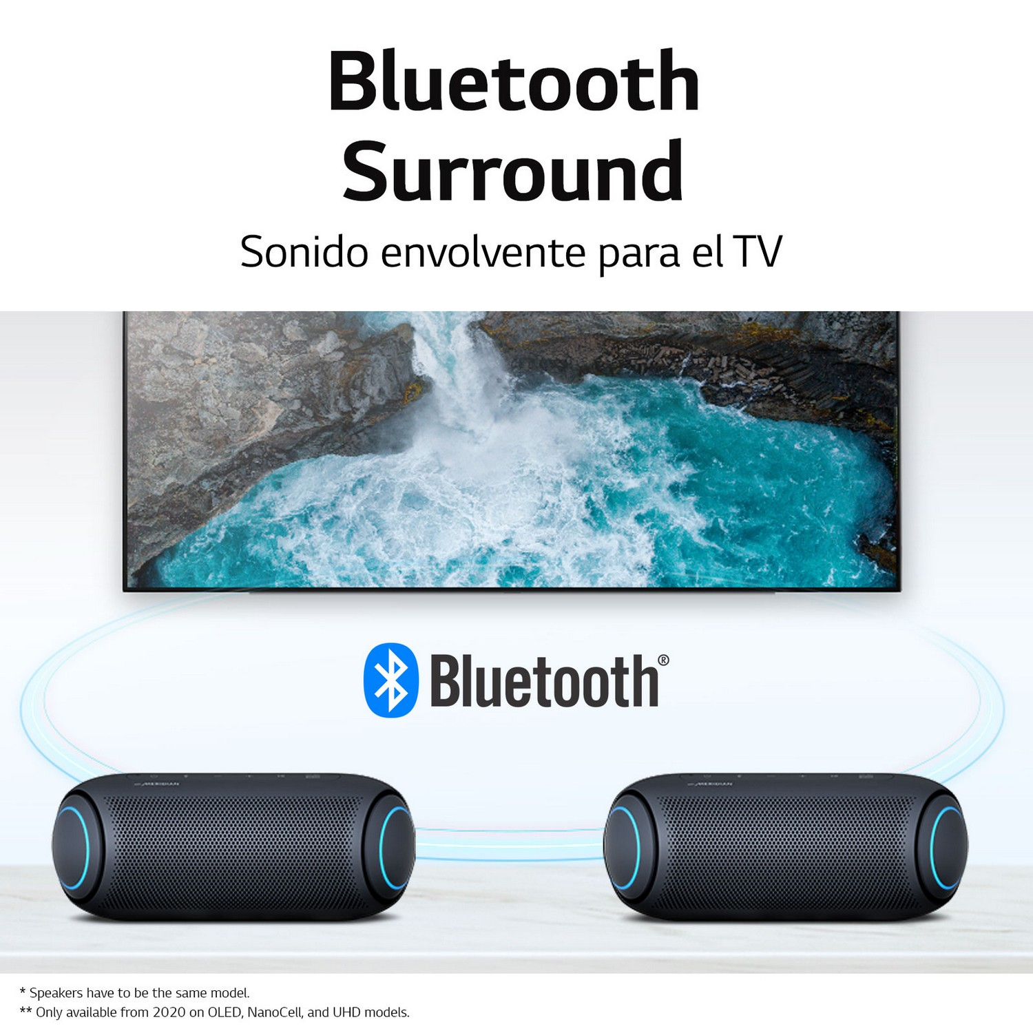 Dos altavoces envolventes Bluetooth negros con un televisor que muestra agua. El logotipo de Bluetooth está en el medio.