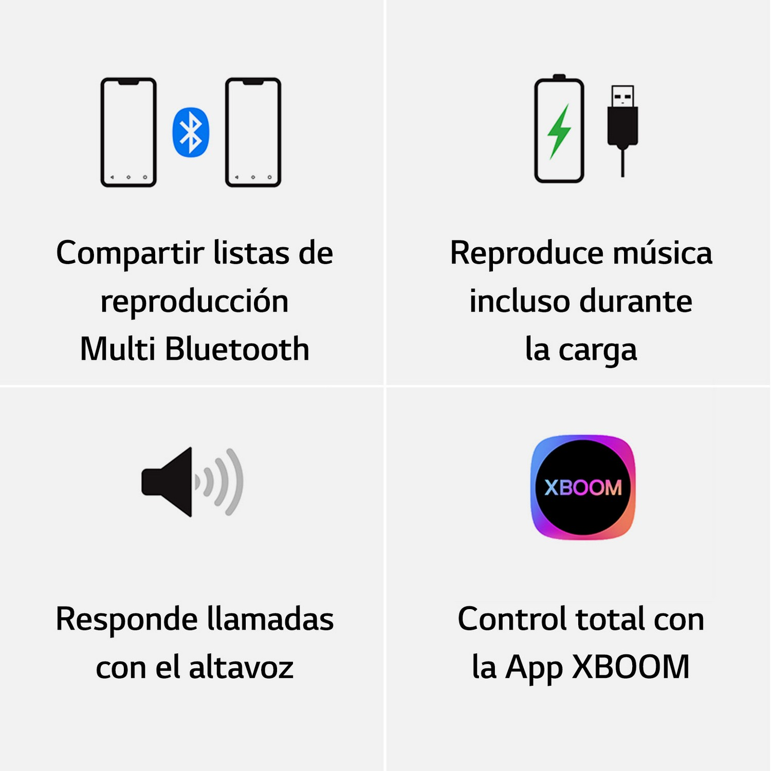 Cuatro iconos mostrando compartir Bluetooth, música cargando, manos libres y control App XBOOM.