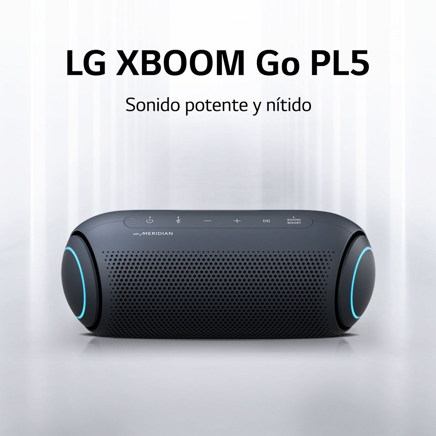 Altavoz negro con luces azules, texto en inglés.