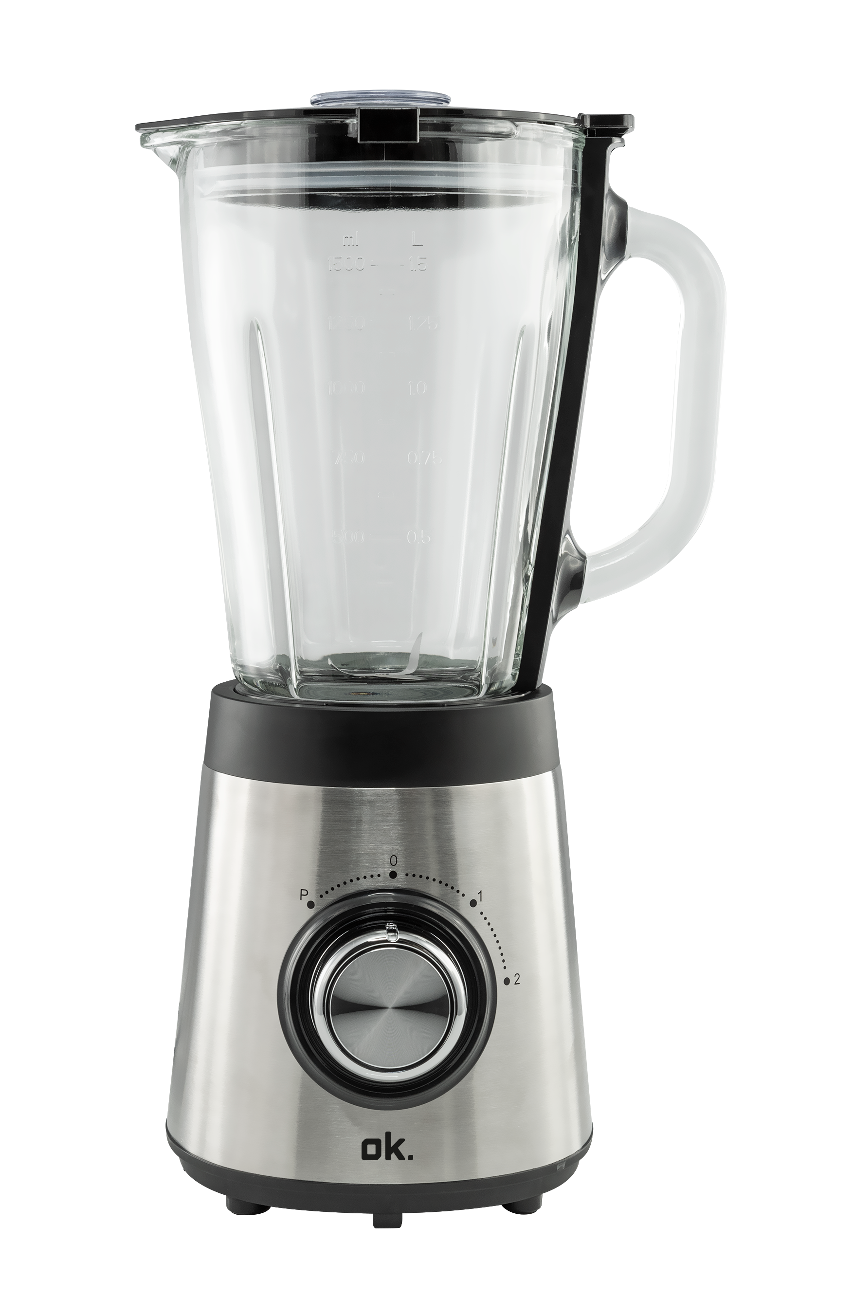 Silberner und schwarzer Mixer mit Glaskaraffe, schwarzem Griff und Drehregler.