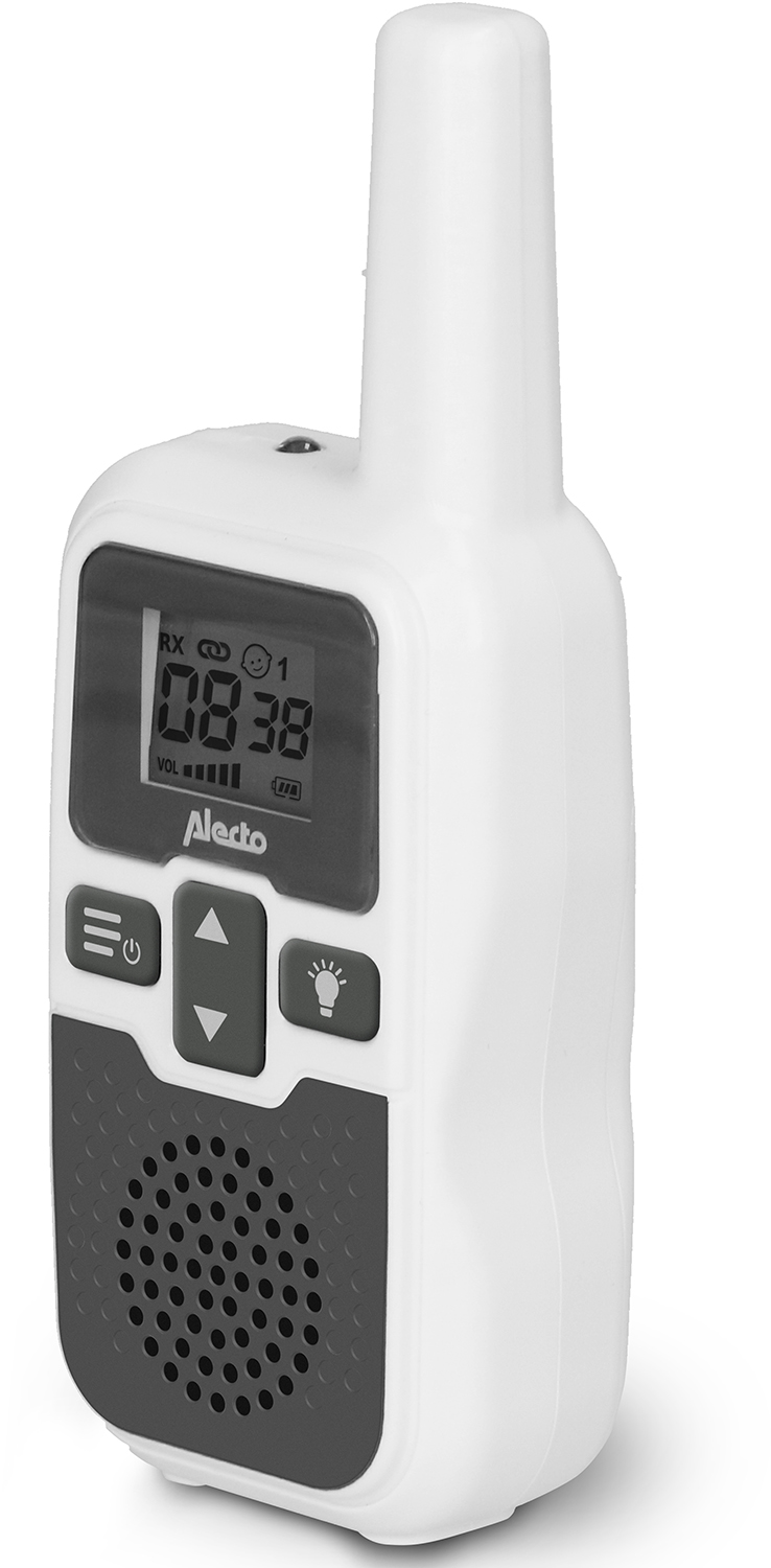 Een witte walkie-talkie met knoppen en een klein scherm, enigszins schuin.