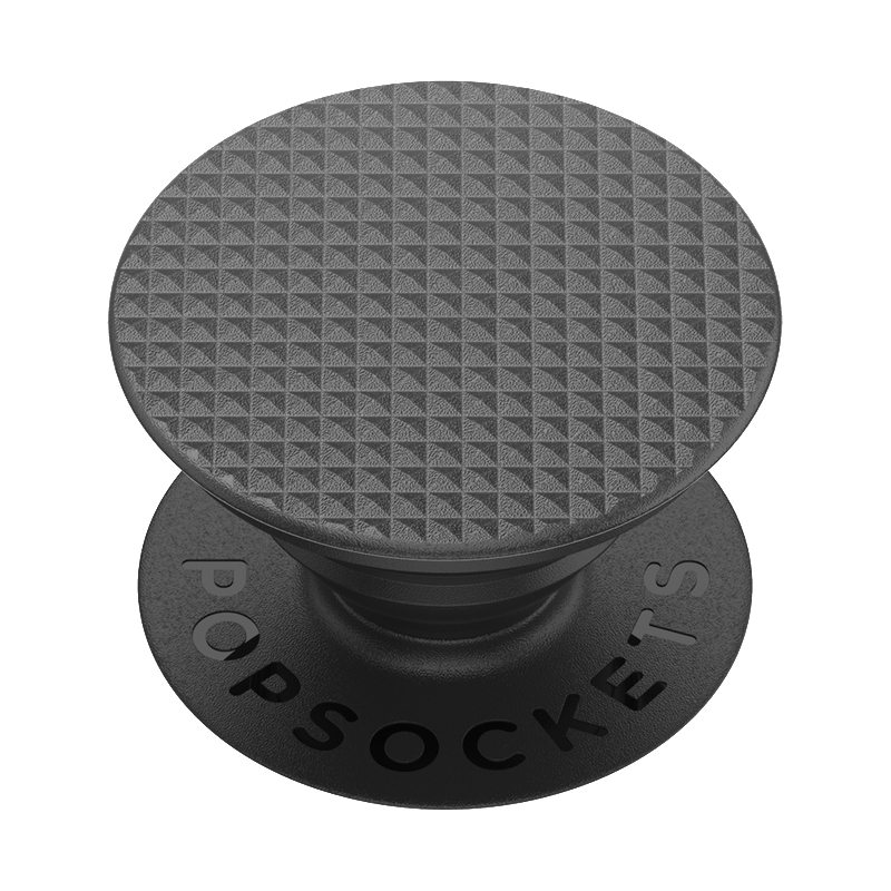 Schwarzer Popsocket mit Rautenmuster und erhabener Basis, weißer Hintergrund.