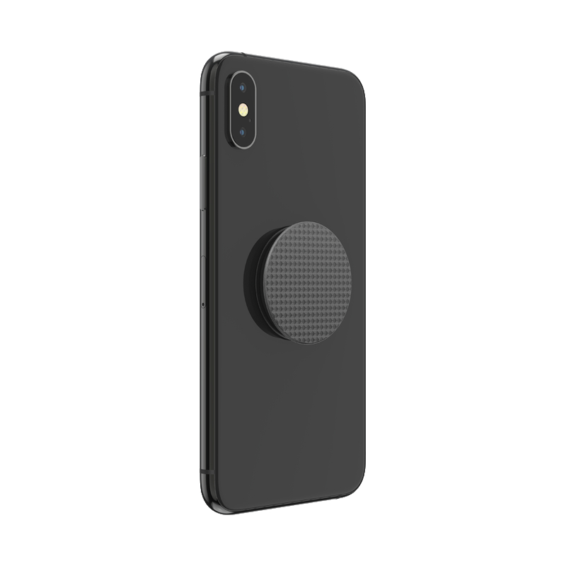 Schwarzes Smartphone mit einem am Rücken befestigten Pop-Socket.