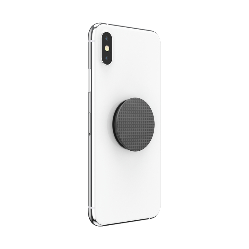 Weißes Telefon mit einem schwarzen PopSocket auf der Rückseite.