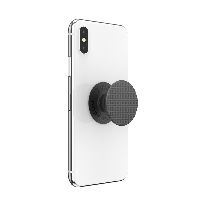 Weißes Telefon mit einem schwarzen PopSocket, auf weißem Hintergrund.