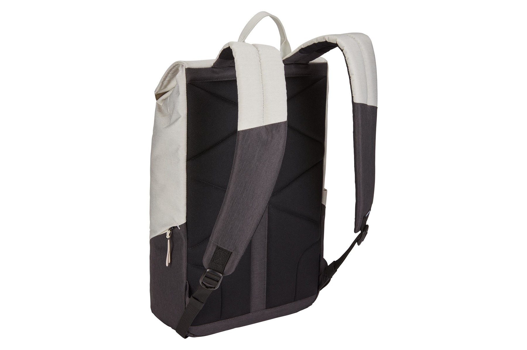 Mochila crema y gris. Cremallera en la parte delantera. Las correas son grises.