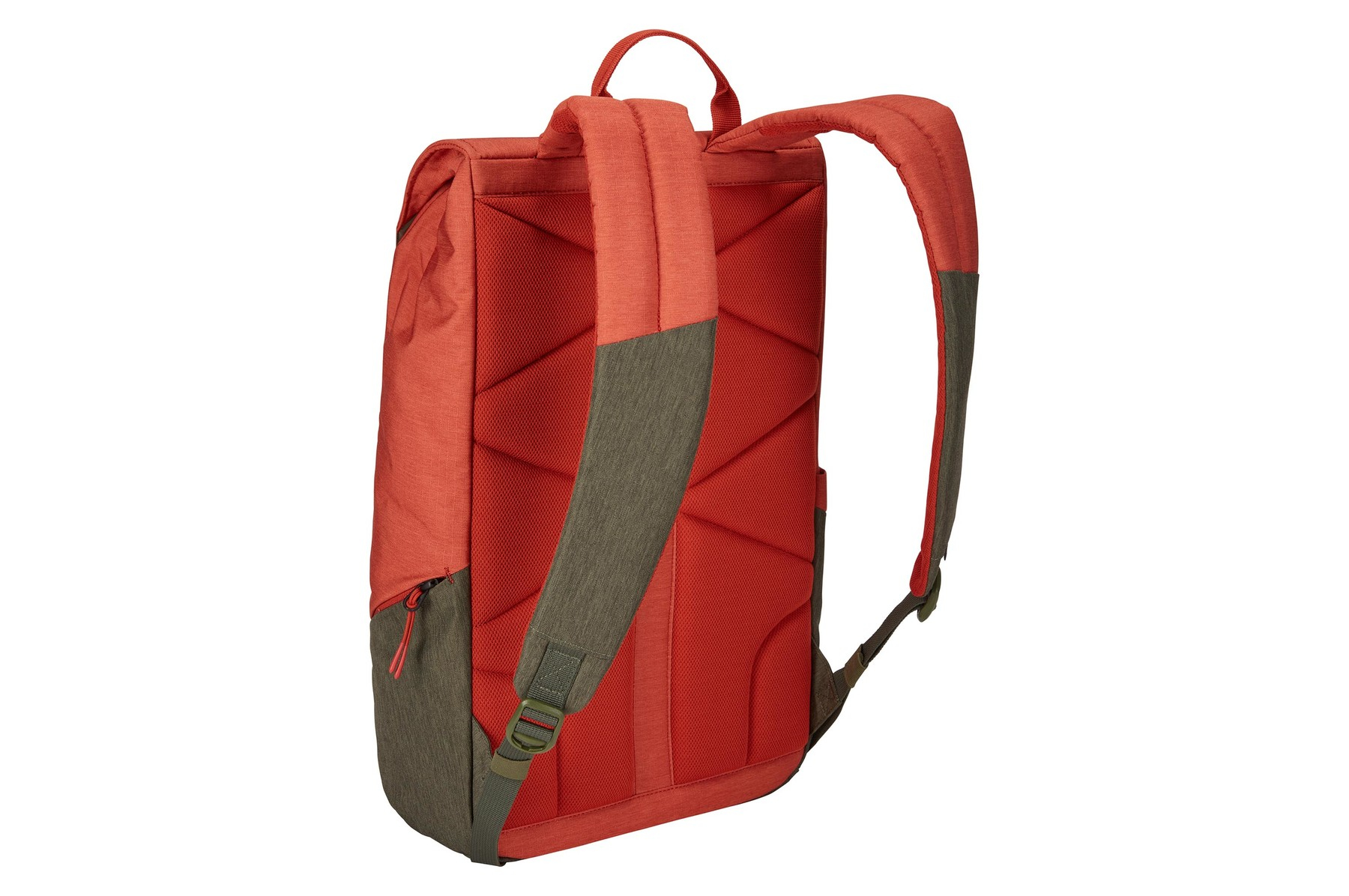 Una mochila roja con detalles grises y verde oliva, vista desde atrás.