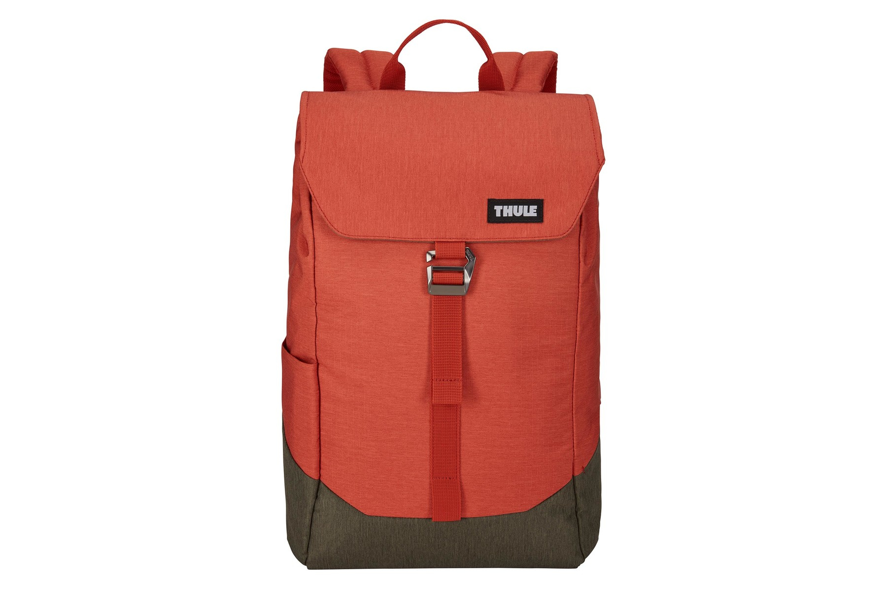 Mochila naranja con fondo verde oscuro, vista frontal, sobre fondo blanco.