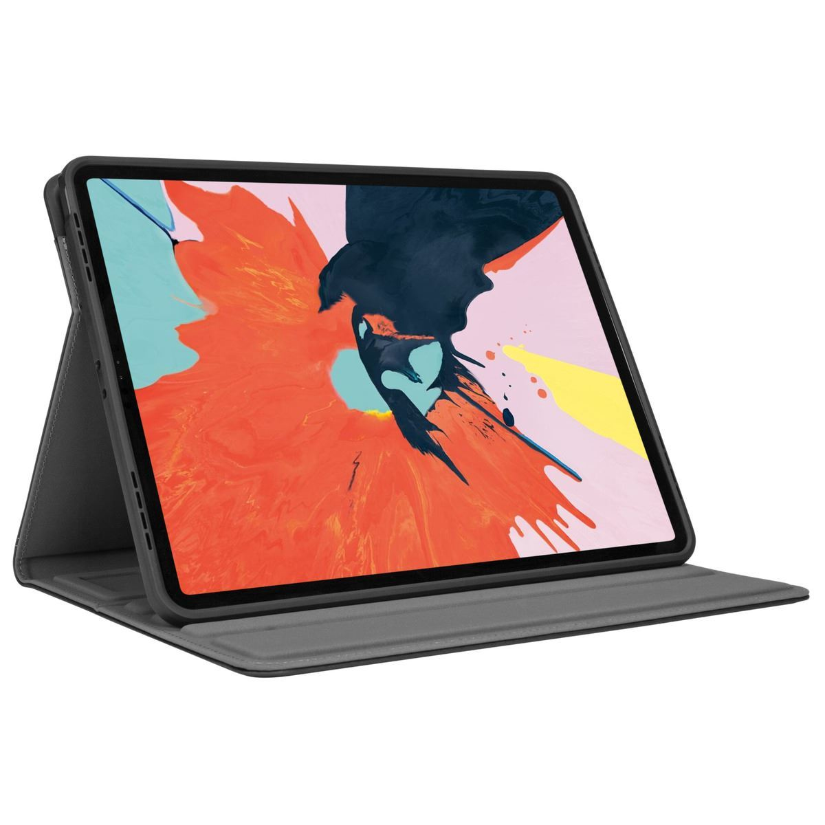 Un iPad en una funda gris, abierto para mostrar una imagen abstracta colorida.