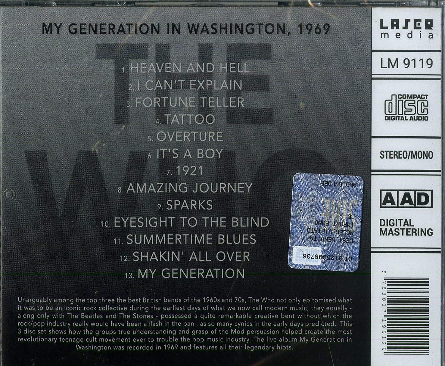 Die Rückseite einer CD-Hülle mit Text und einem Siegel.