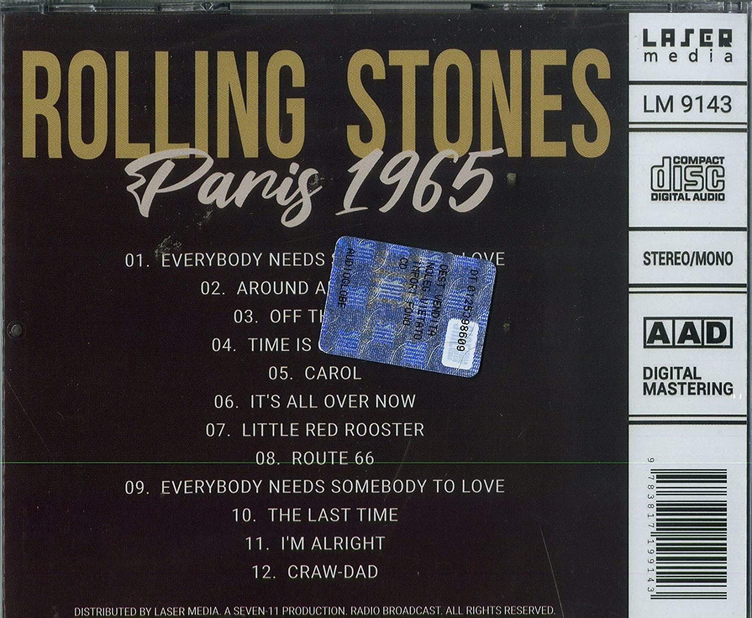 CD-Cover von The Rolling Stones Paris 1965. Trackliste mit blauem Aufkleber auf der rechten Seite.
