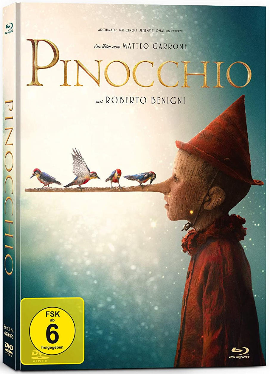 Pinocchio DVD-Cover. Zeigt Pinocchios Gesicht und Vögel auf seiner Nase. Blautöne.