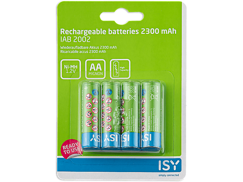 Pilas recargables  ISY IAB-2003, 2 baterías AA, 2300 mAh, Níquel