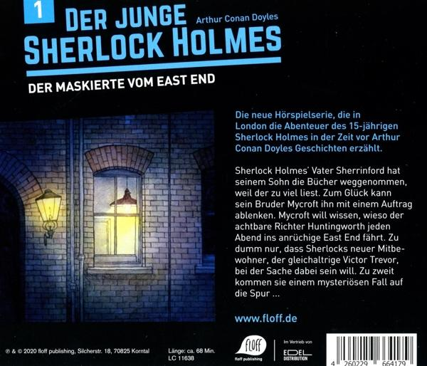 Buchcover von Sherlock Holmes, mit Straßenszene und Text auf Deutsch.