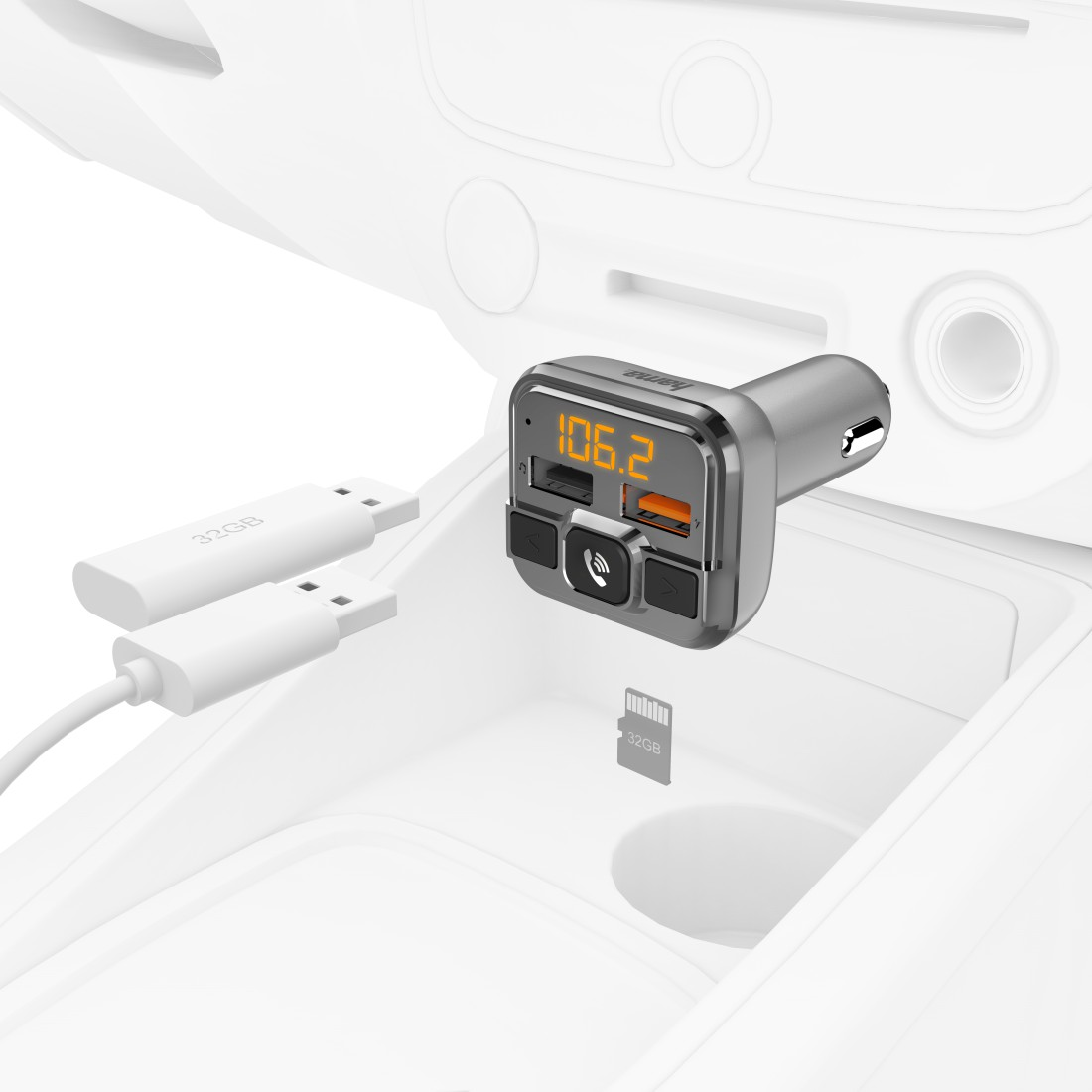 Kfz-Ladegerätadapter mit zwei USB-Anschlüssen und Display. Zwei USB-Laufwerke links.