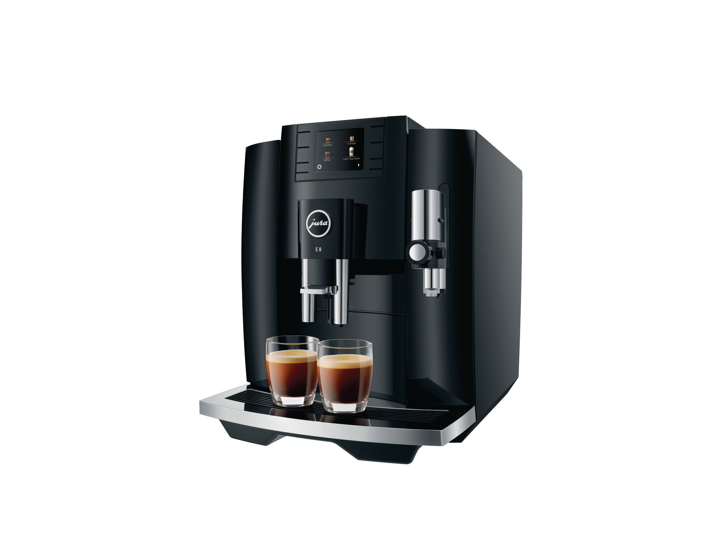 Schwarze Jura E8 Kaffeemaschine mit zwei Kaffeegläsern. Silberner Auslauf. Weißer Hintergrund.