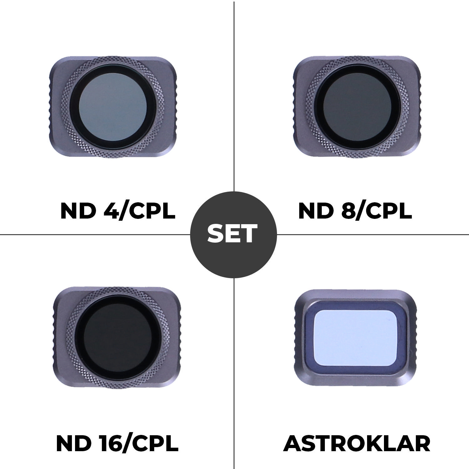Vier dunkelgraue Objektivfilter mit Text. Der Text lautet ND 4/CPL, ND 8/CPL, ND 16/CPL und ASTROKLAR.