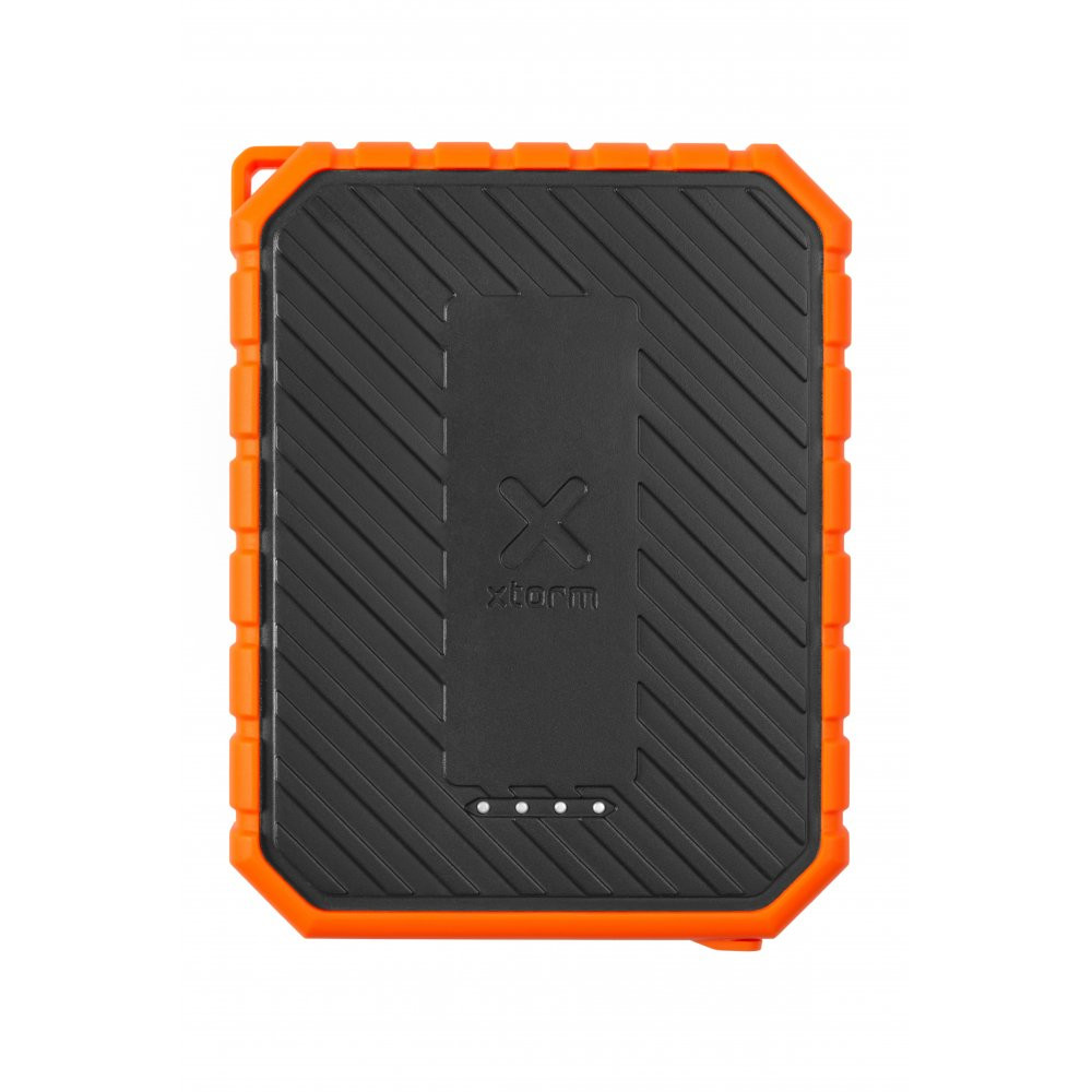 Eine robuste orangefarbene und schwarze Xtrom Powerbank.