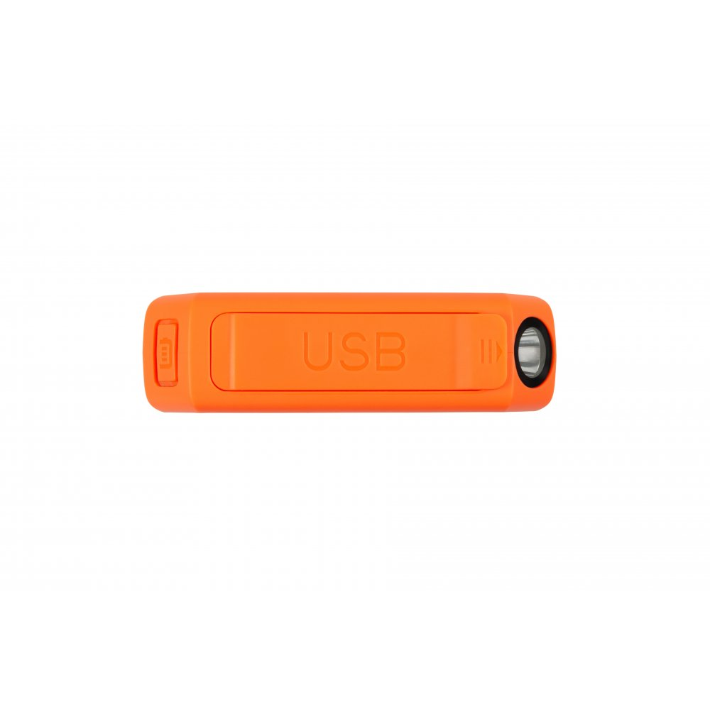 Ein orangefarbenes USB-Batterieladegerät mit einem Seitenschalter.