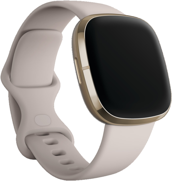 Uno smartwatch con quadrante quadrato arrotondato e cinturino chiaro.