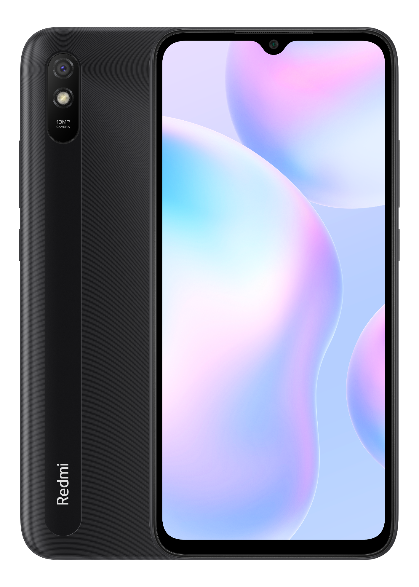 Telefono Redmi nero con fotocamera posteriore e schermo con immagine colorata.