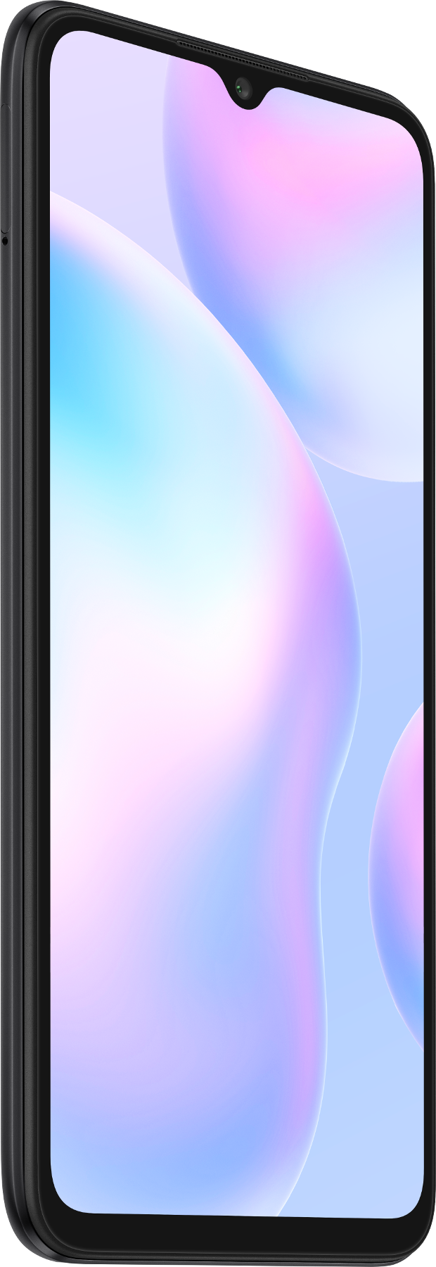 Uno smartphone nero con uno sfondo astratto bianco e blu sullo schermo.