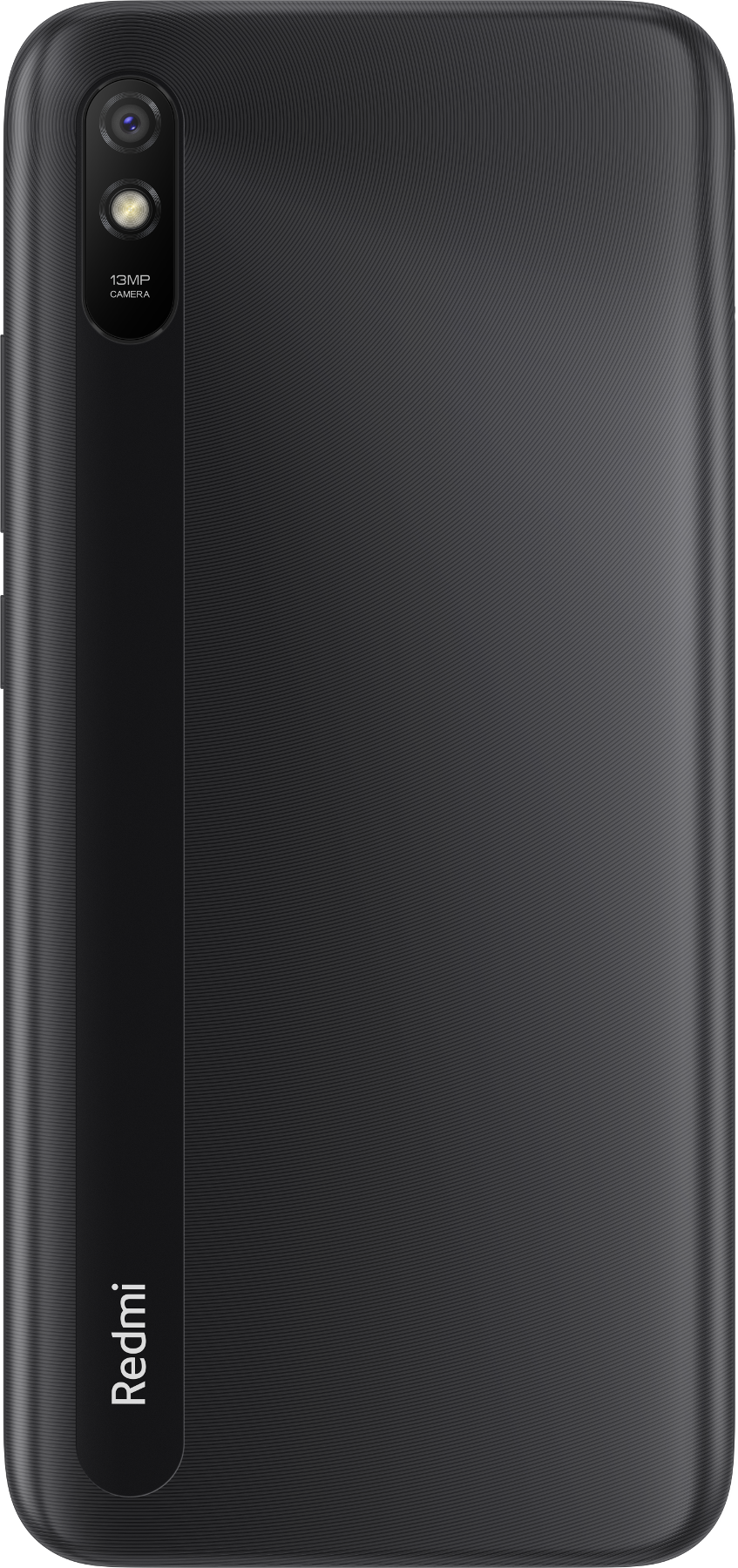 Retro di smartphone nero. Ha una fotocamera in alto a sinistra e il logo Redmi.
