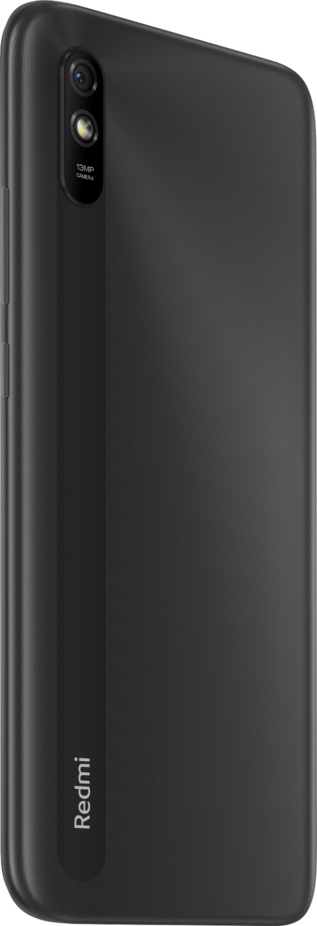 Smartphone nero, vista posteriore, con fotocamera e logo Redmi su sfondo nero semplice.