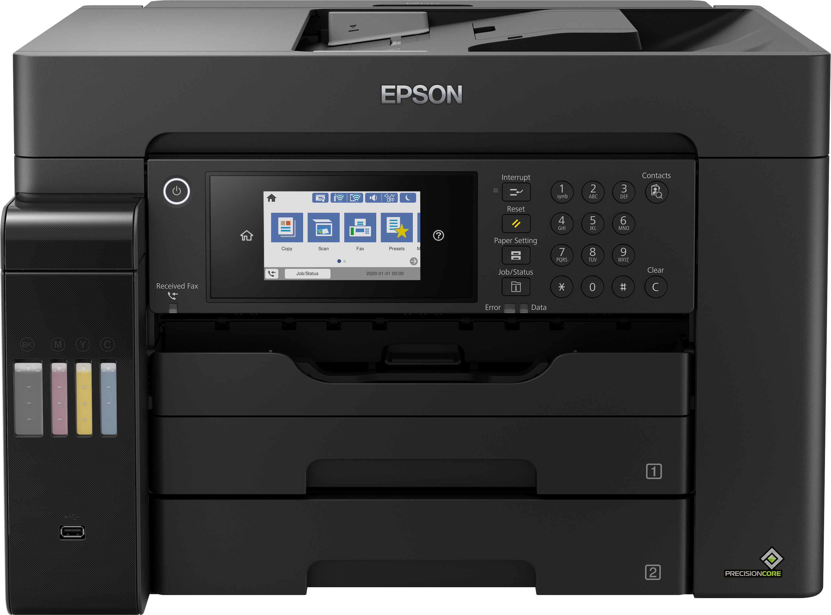 Epson yazıcı, siyah, LCD ekran ve kontrol paneli ile.