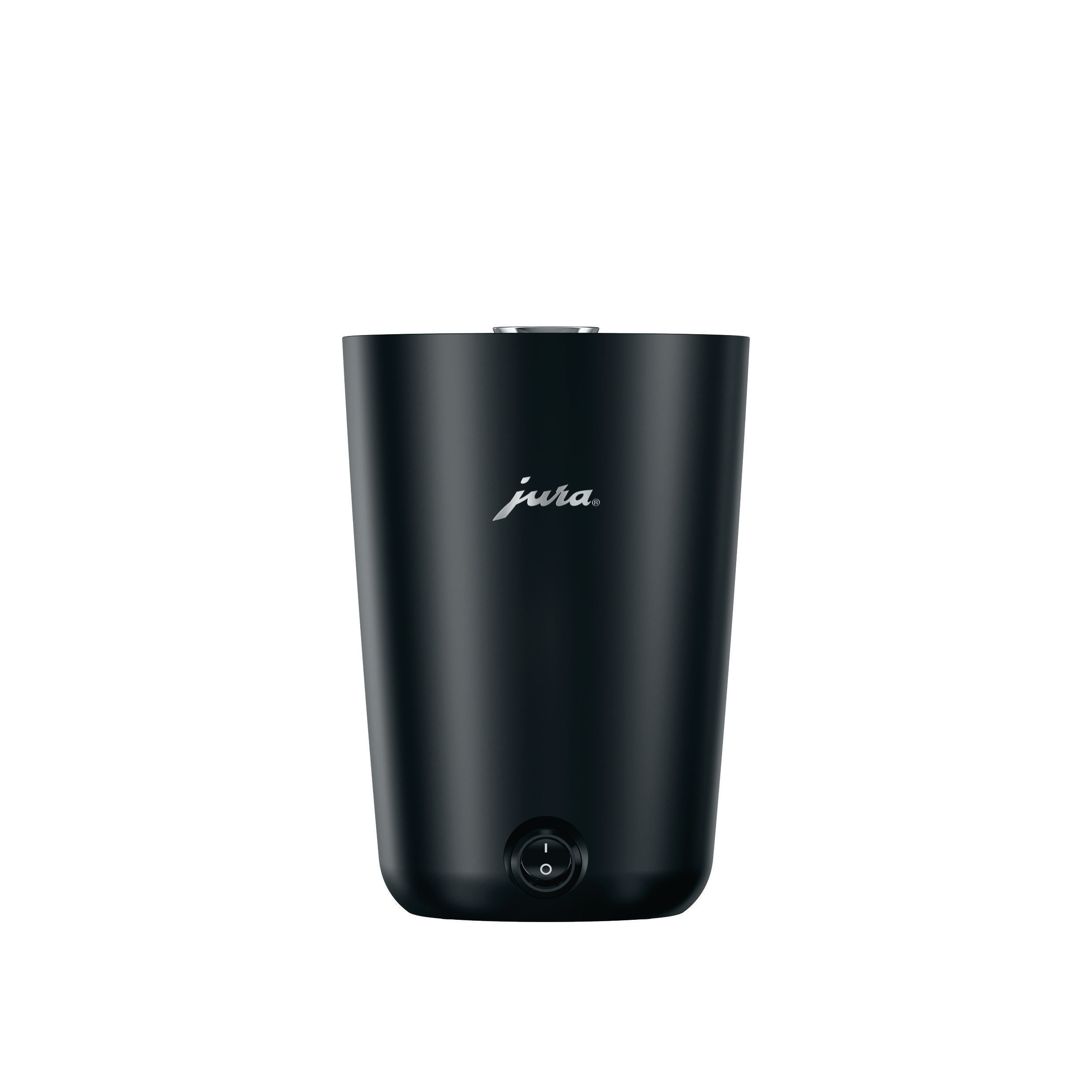 Eine schwarze Jura Kaffeemaschine. Die Maschine hat das Jura-Logo und einen Power-Knopf auf der Vorderseite.