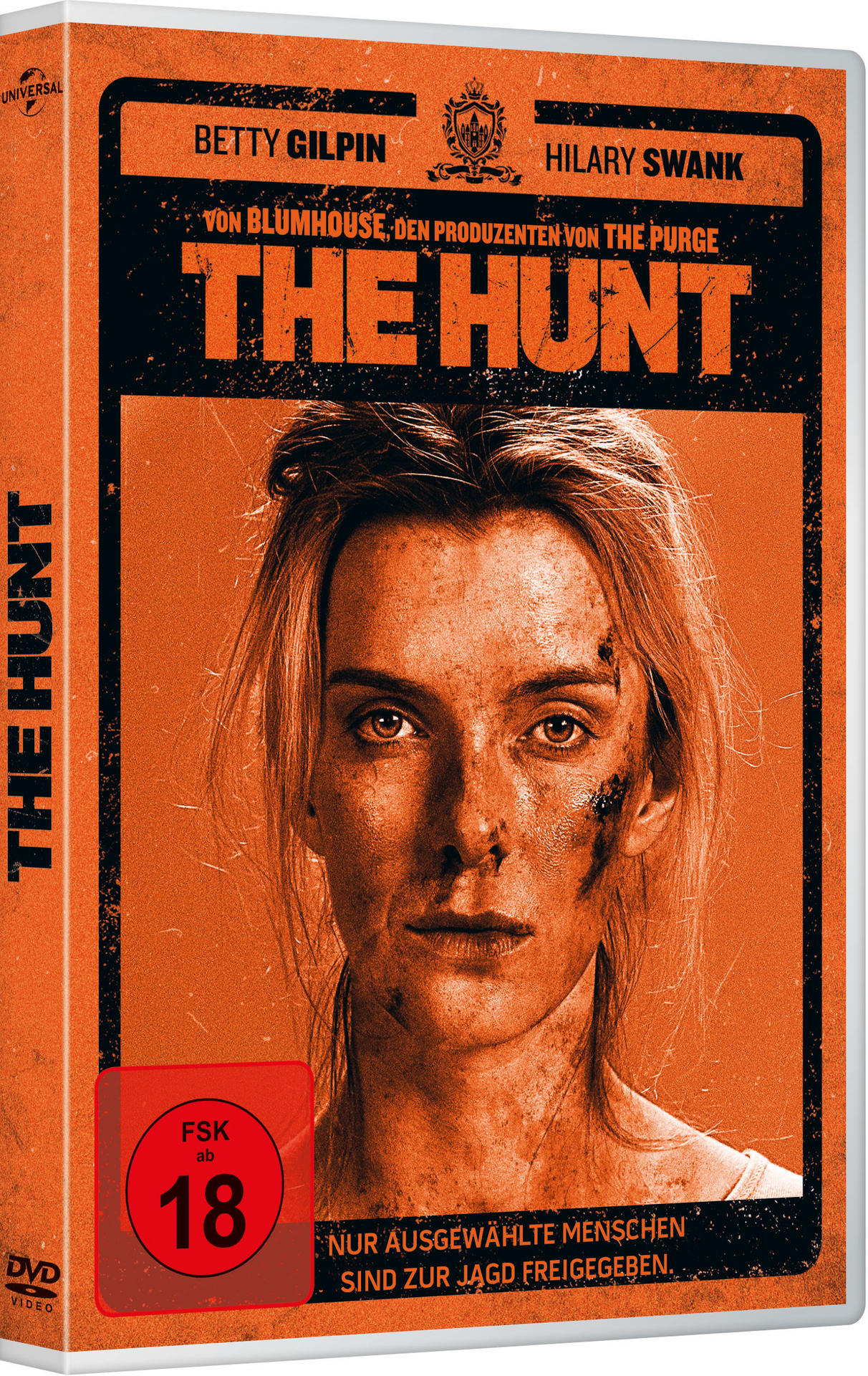 DVD-Cover für „The Hunt“ mit Betty Gilpin. Oranger Hintergrund mit Nahaufnahme eines Gesichts.