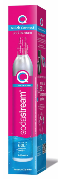 Rosa SodaStream-Zylinder und -Verpackung. Weißer Text und ein blaues Logo sind auf der Verpackung sichtbar.