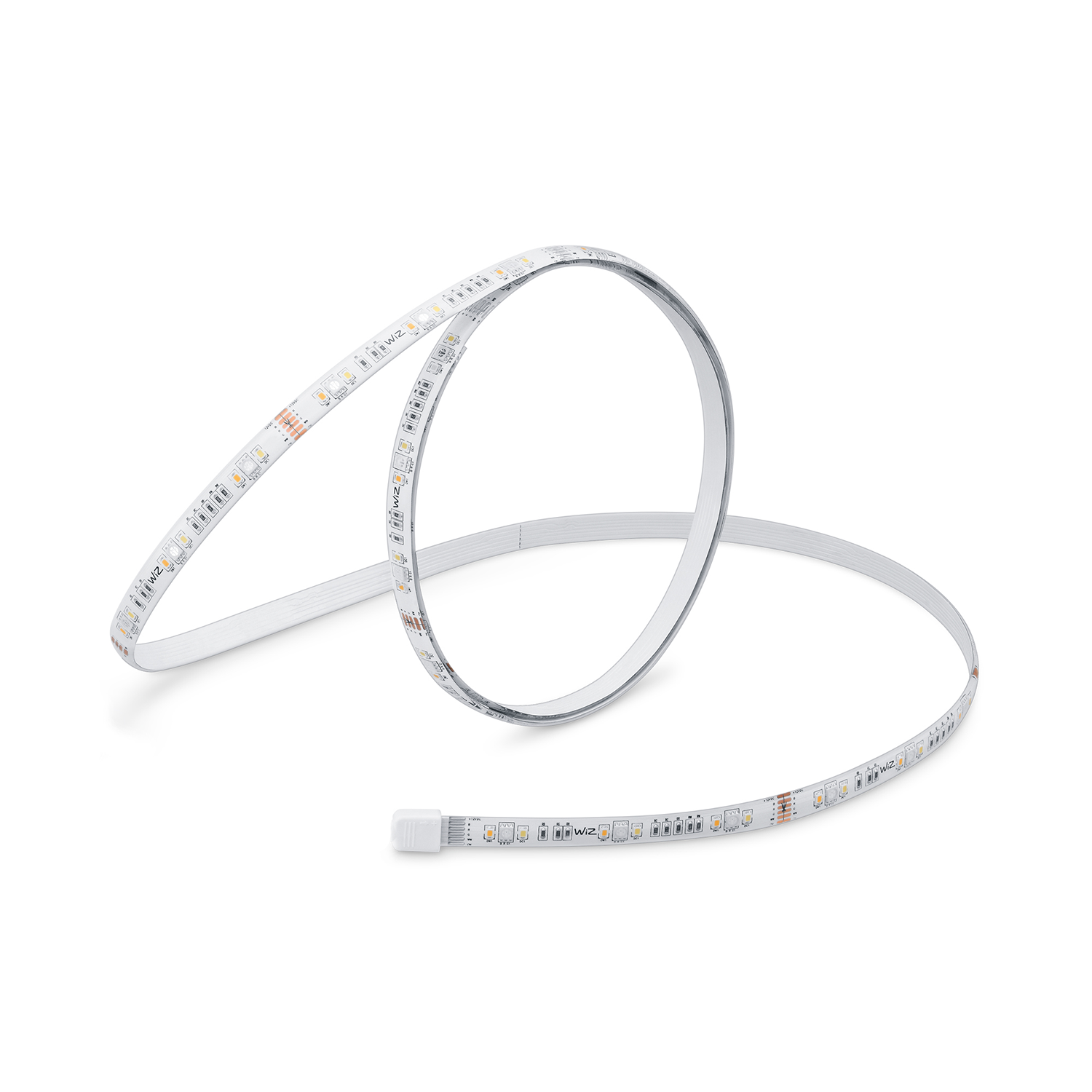 A flexible LED light strip coiled on a white background.