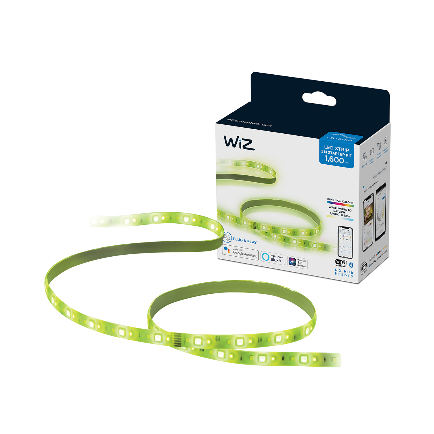A WiZ LED strip kit. It shows the light strip, the box, and the app on a phone.