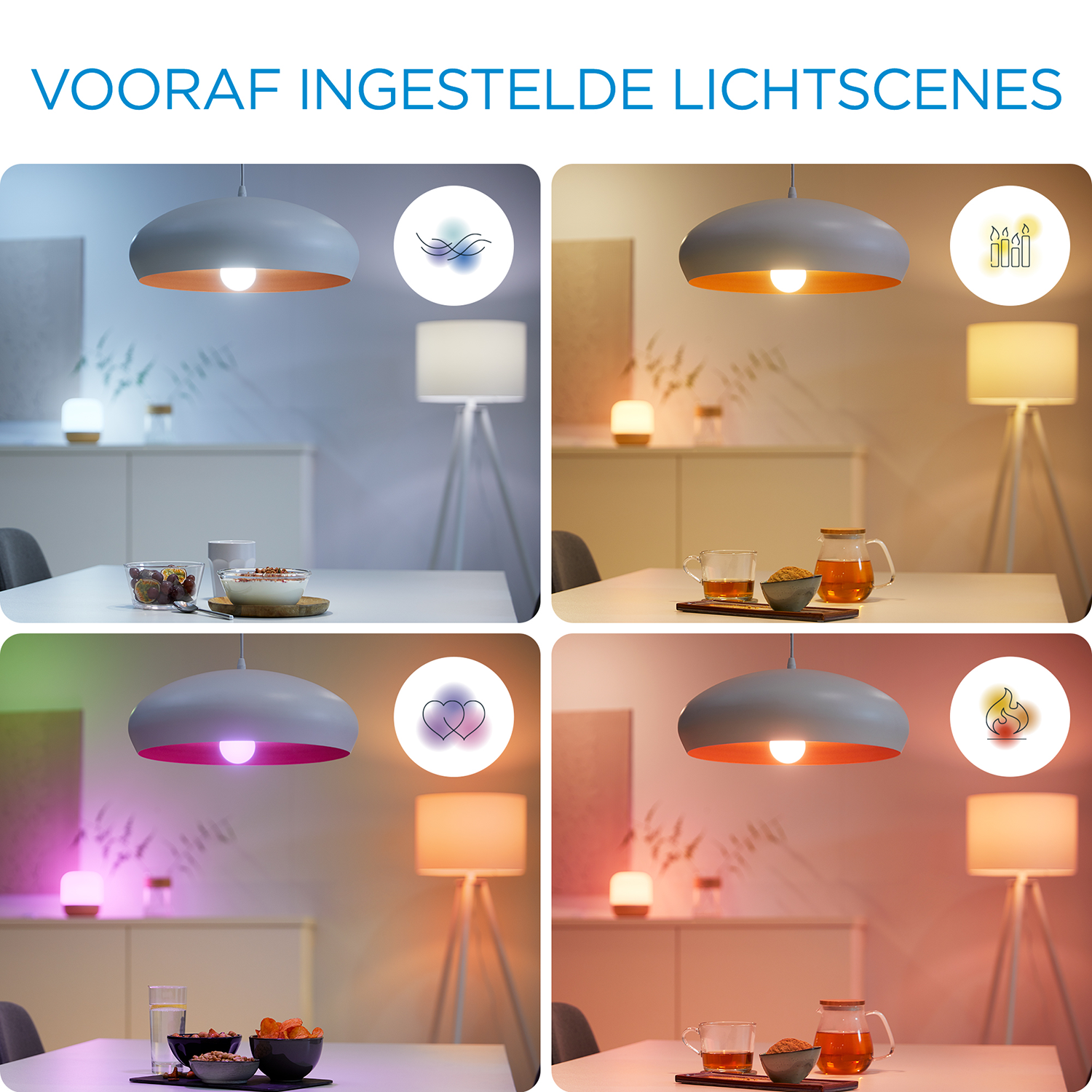 Four images of lights with different colored settings. Lamps and bowls are visible. Varying colors and ambiance.