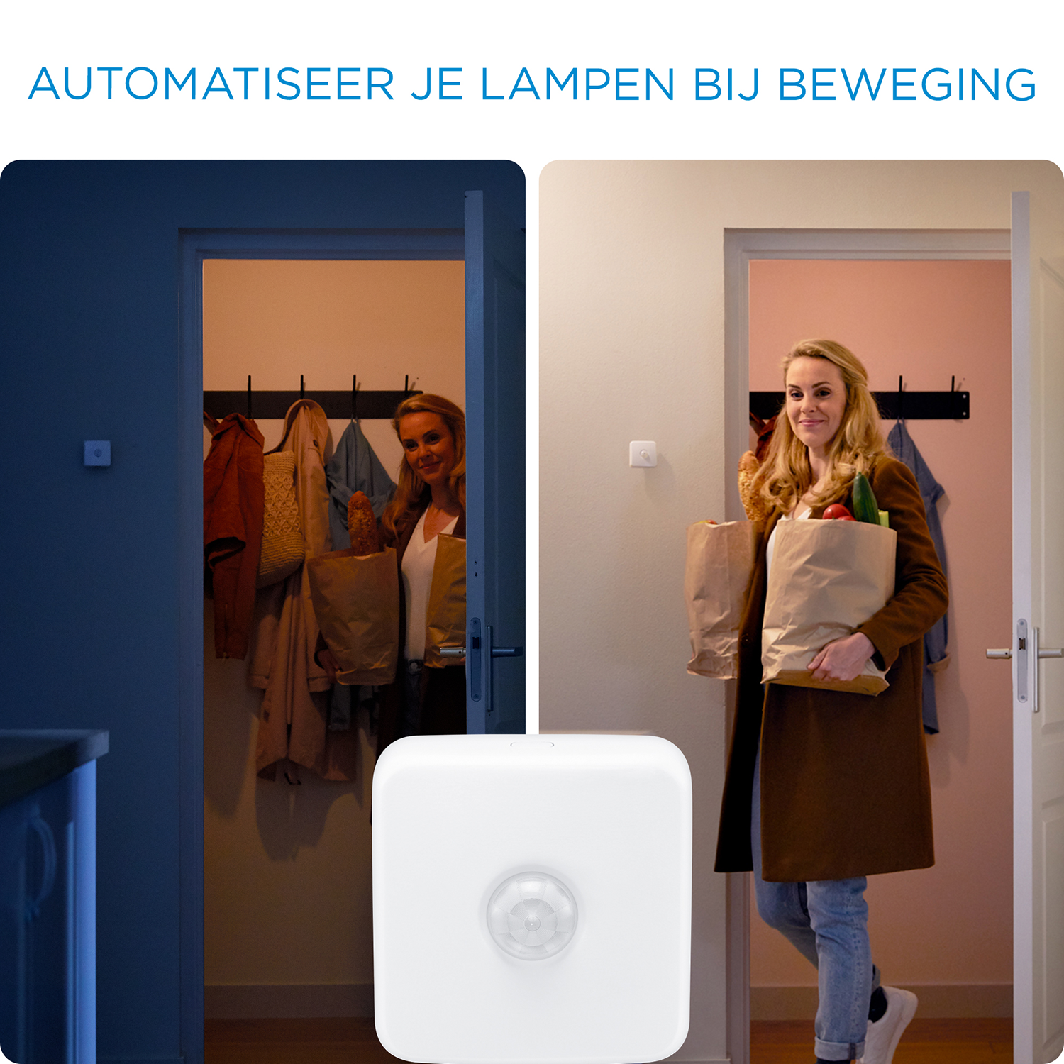 Vrouw die een kamer binnenkomt. Bewegingssensor aan de muur. Tekst: Automatiseer je lichten met beweging.